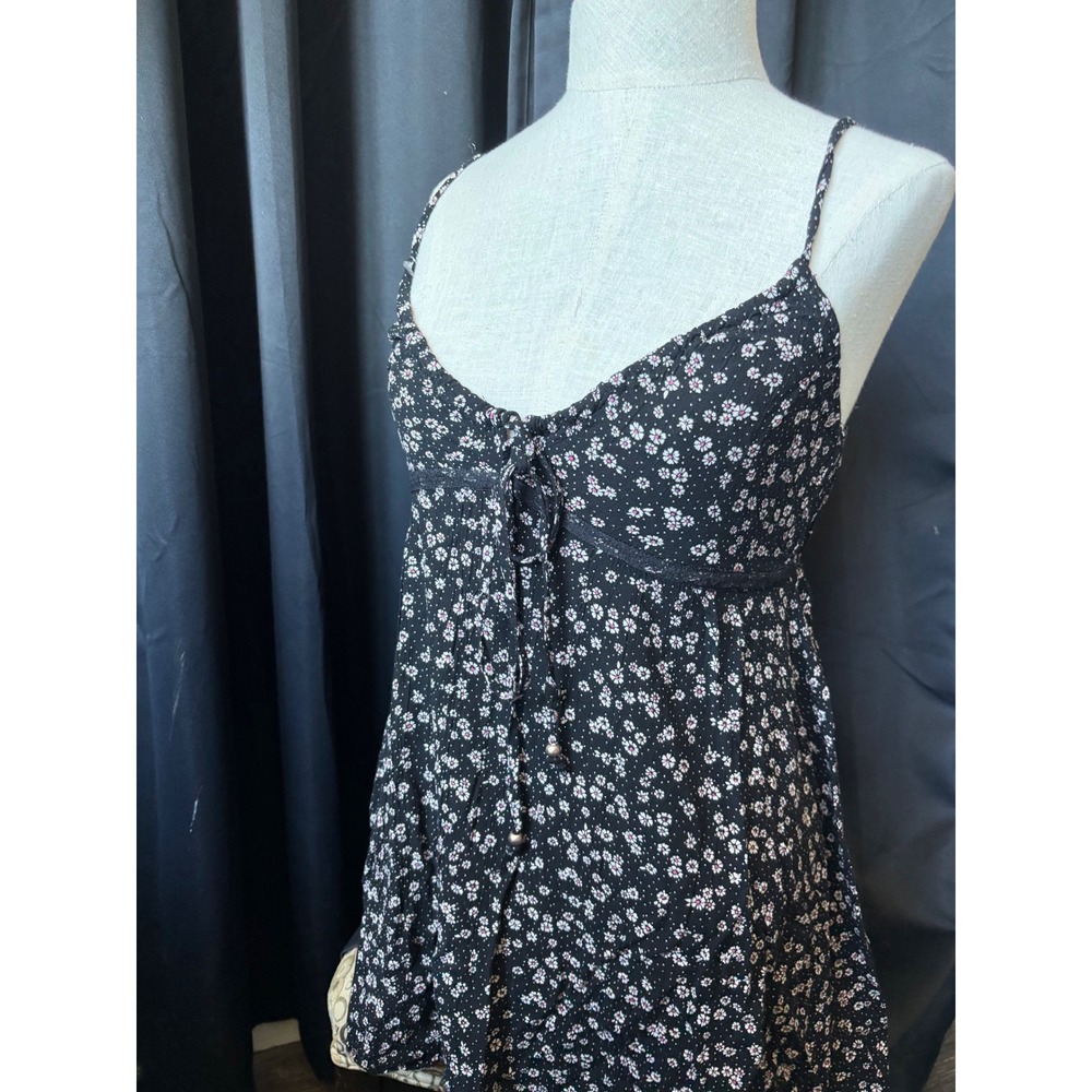 Angie Floral Mini Dress Black Pink Daisy Empire Waist Tie Front‎ Small